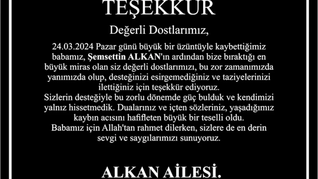 Alkan Ailesinden Teşekkür