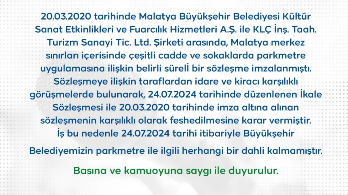 'Malatya Büyükşehir Belediyesi'nden Kamuoyuna Önemli Duyuru'