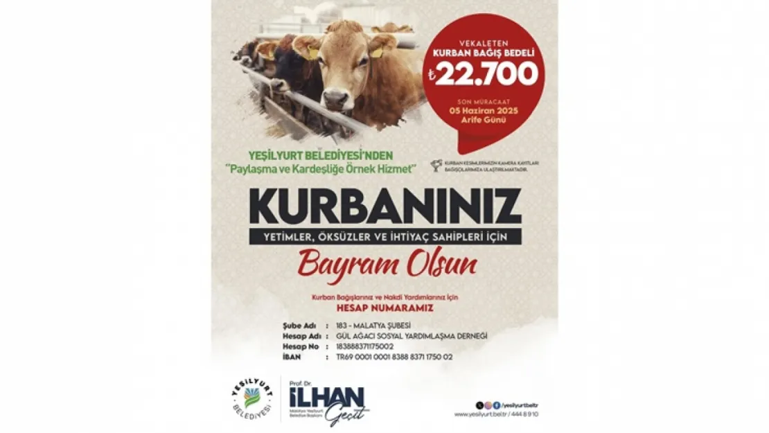Yeşilyurt Belediyesi 'Kurban Bağış' Kampanyasında Son Gün 5 Haziran!