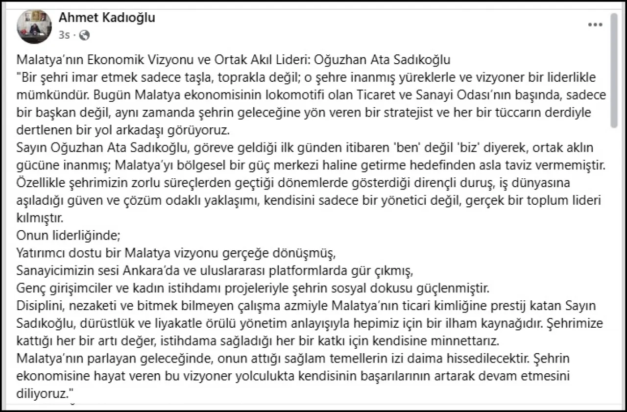 'Malatya'nın Geleceğine Yön Veren Lider' Paylaşımı Gündem Oldu