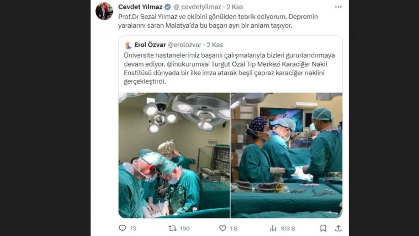 İnönü Üniversitesi Turgut Özal Tıp Merkezi Karaciğer Nakli Enstitüsü'nden övgüyle bahsettiler