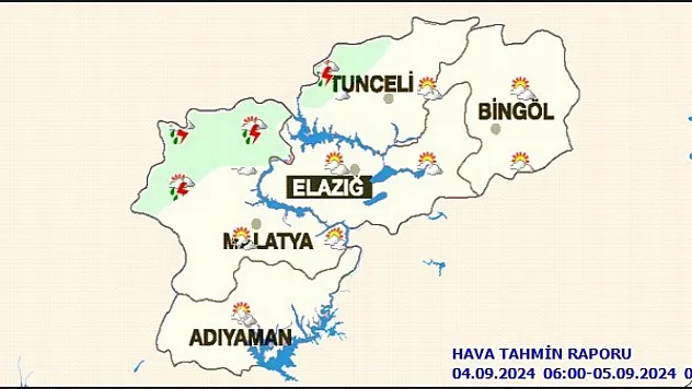 Arapgir, Arguvan, Darende, Hekimhan, Kuluncak aralıklı sağanak ve gök gürültülü sağanak yağışlı