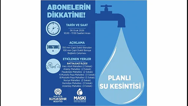 MASKİ Duyurdu: Battalgazi'de Salı Günü Su Kesintisi