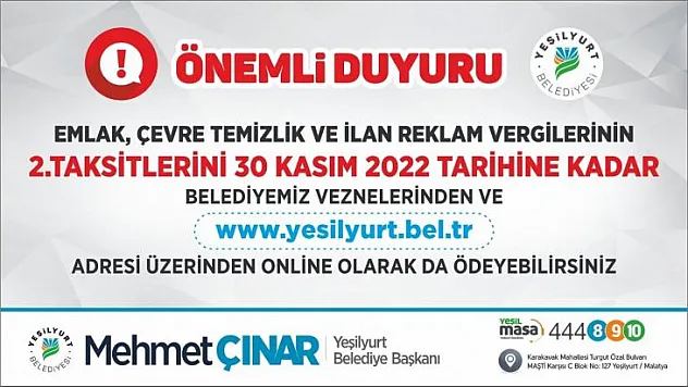 Yeşilyurt Belediyesi'nden Mükelleflere Hatırlatma Son Gün 30 Kasım