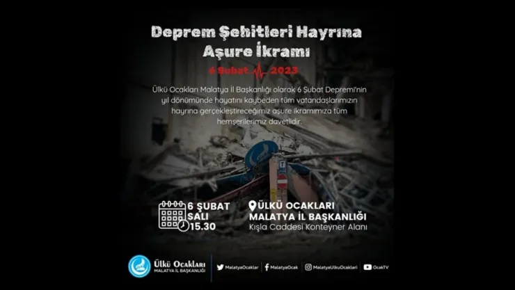 Ülkü Ocakları Deprem Şehitleri Hayrına Kur'an-ı Kerim Tilaveti ve Aşure Programı Düzenleyecek