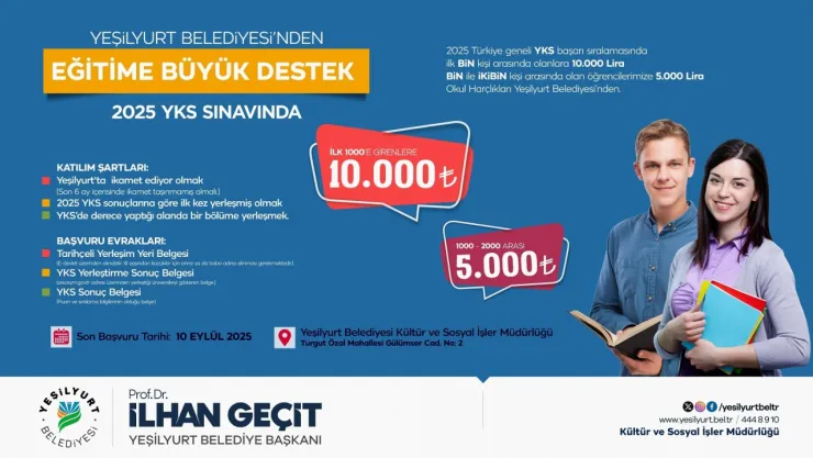 Yeşilyurt'ta YKS Başarısı Ödüllendiriliyor: 10.000 TL ve 5.000 TL Destekler