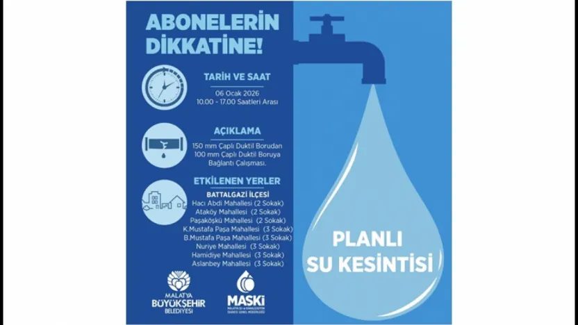 MASKİ Duyurdu: Battalgazi'de Salı Günü Su Kesintisi