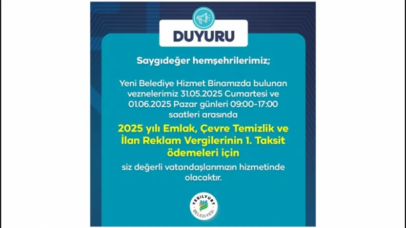 Yeşilyurt Belediye Vezneleri Hafta Sonu Açık!