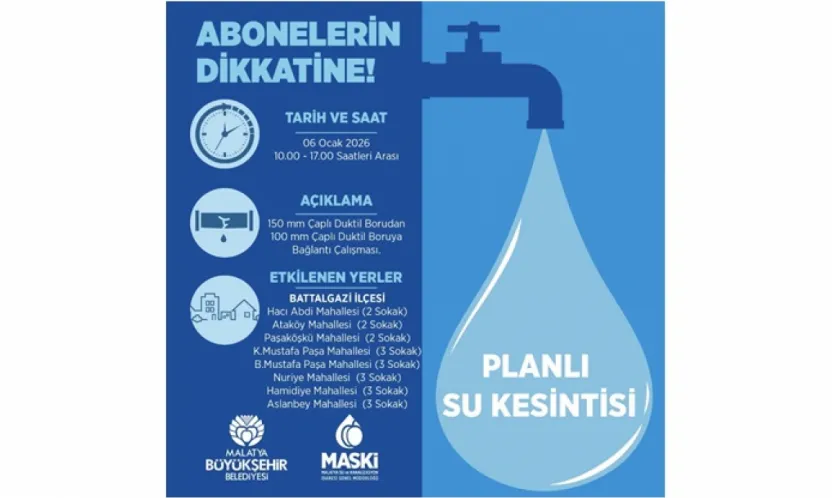 MASKİ Duyurdu: Battalgazi'de Salı Günü Su Kesintisi