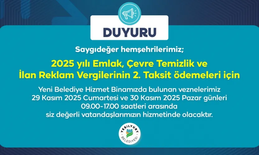 Yeşilyurt Belediye Vezneleri, Hafta Sonu Hizmet Verecek